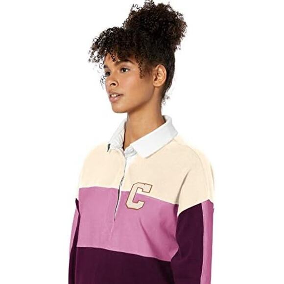 NEW Champion Rugby Cropped Collared Tee Women’s Small Beige Orchid Logo - Picture 5 of 11